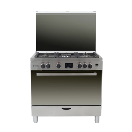 Nara 90 cm Gas Cooker – 5 Gas Burners | Matt Stainless Steel | Cast Iron Pan Support | 2 Cooling Fans | Full Safety | Five Nozzle Turbo Burner – Model NAXM 9010 Professional
